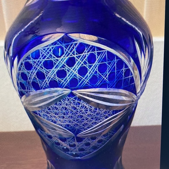 Bohemian Cobalt Blue Cut to Clear Vase, 11 1/2” high. Mother’s Day, Crystal - Picture 4 of 10
